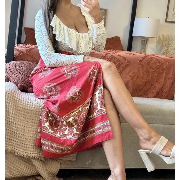 Vintage 90’s Liz Claiborne Size 12 100% Cotton Red Paisley Beaded Wrap Maxi - Picture 8 of 10